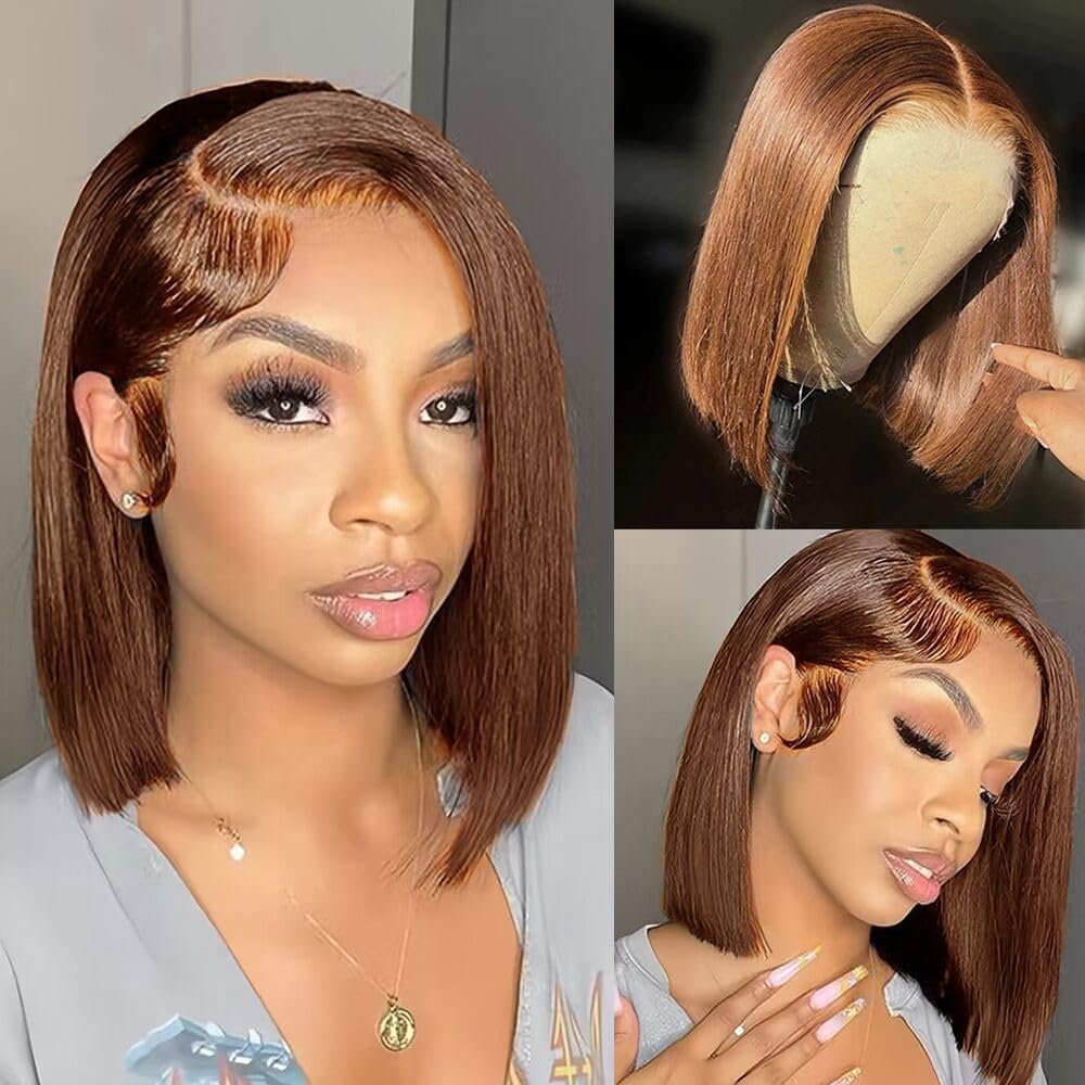 Chocolate Brown Lace Front Wig - Human Hair Straight 13x4 HD Transparent Lace Bob Wig - 180% Density #4 Bob Lace Frontal Wig With Baby Hair - Pre Plucked Lace Frontal Wigs For Women