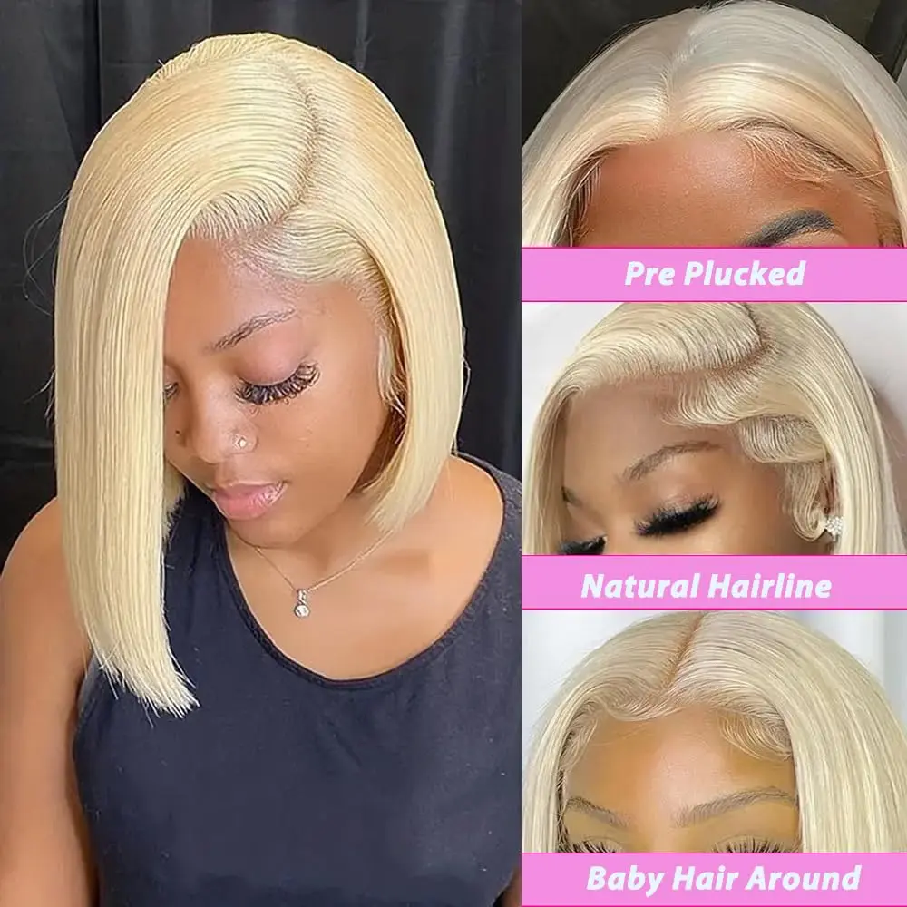 613 Blonde Bob Wig Human Hair Short Straight 13X4 Lace Front Wigs for Women 100% Human Hair Soft Natural Look Adjustable Straps - Image 3