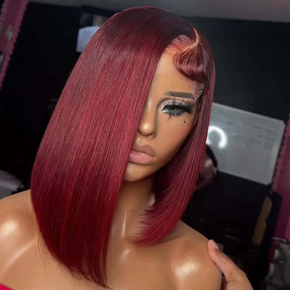99j Burgundy Bob Wig Human Hair 13x4 Hd Lace Front Wigs Human Hair For Black Women Glueless Lace Front Wigs Pre Plucked 180% Density Short Straight Bob Wig - Image 3