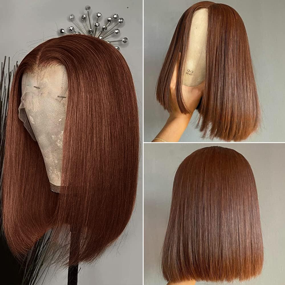 Chocolate Brown Lace Front Wig - Human Hair Straight 13x4 HD Transparent Lace Bob Wig - 180% Density #4 Bob Lace Frontal Wig With Baby Hair - Pre Plucked Lace Frontal Wigs For Women - Image 3
