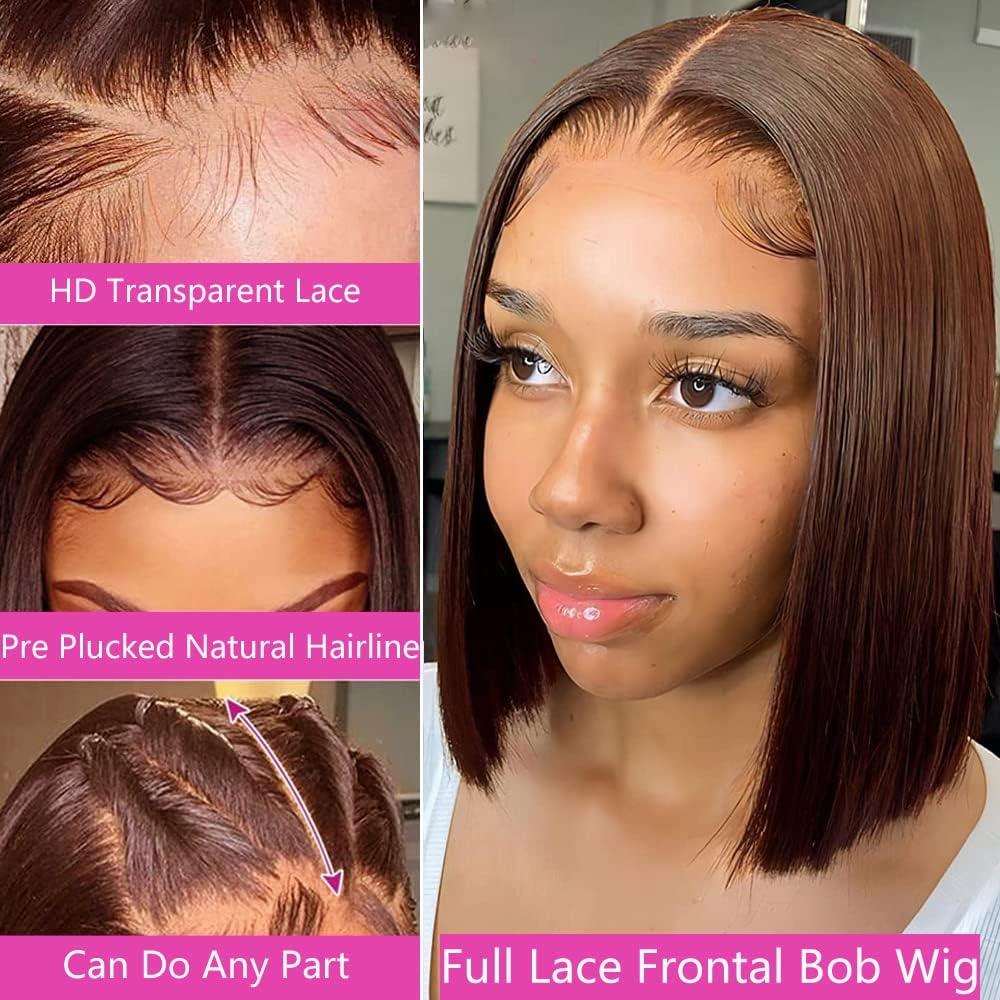 Chocolate Brown Lace Front Wig - Human Hair Straight 13x4 HD Transparent Lace Bob Wig - 180% Density #4 Bob Lace Frontal Wig With Baby Hair - Pre Plucked Lace Frontal Wigs For Women - Image 4