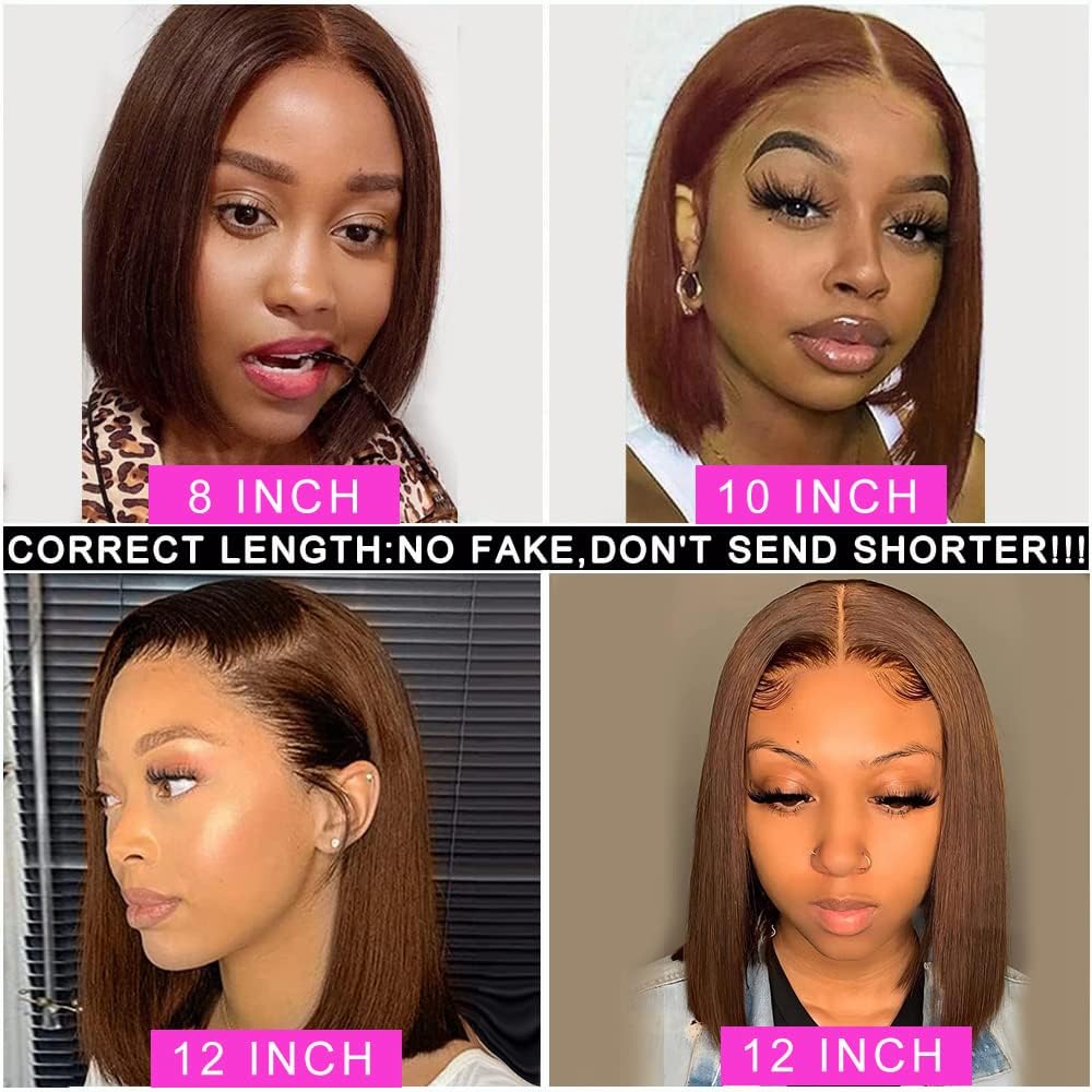Chocolate Brown Lace Front Wig - Human Hair Straight 13x4 HD Transparent Lace Bob Wig - 180% Density #4 Bob Lace Frontal Wig With Baby Hair - Pre Plucked Lace Frontal Wigs For Women - Image 5
