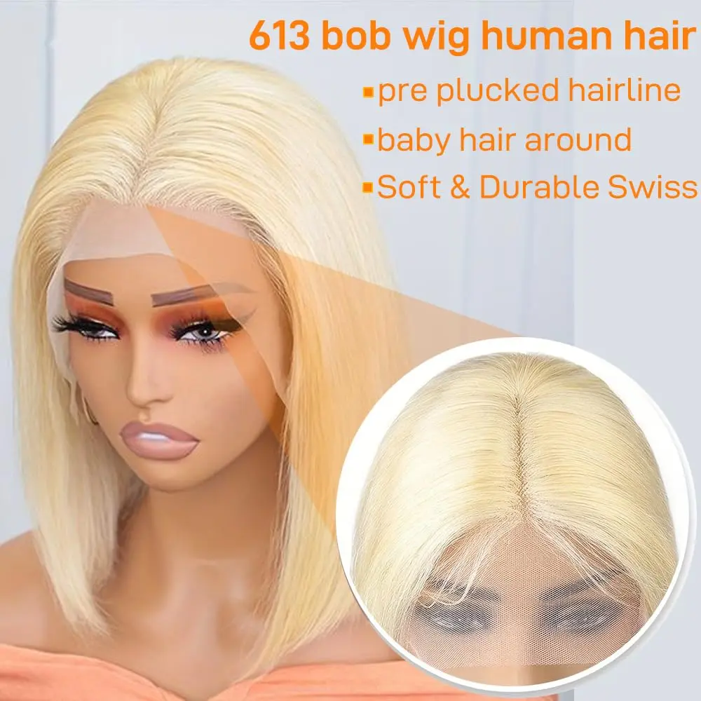 613 Blonde Bob Wig Human Hair Short Straight 13X4 Lace Front Wigs for Women 100% Human Hair Soft Natural Look Adjustable Straps - Image 6