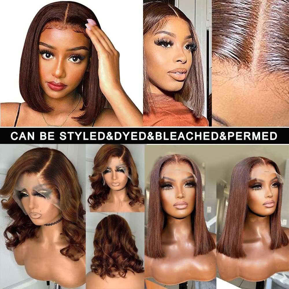 Chocolate Brown Lace Front Wig - Human Hair Straight 13x4 HD Transparent Lace Bob Wig - 180% Density #4 Bob Lace Frontal Wig With Baby Hair - Pre Plucked Lace Frontal Wigs For Women - Image 6
