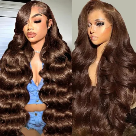 Chocolate Brown Lace Front Wig Human Hair Body Wave 13X4 HD Lace Frontal Wigs Pre Plucked 4# Brown Colored Human Hair Wigs For Women 180% Density