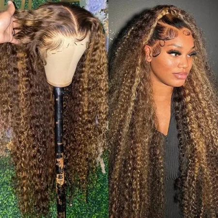 Highlight Ombre Deep Wave 13x6 HD Lace Frontal Wig Human Hair Pre Plucked Brazilian Honey Blonde 4/27 Colored Curly Lace Front Wig Wigs Human Hair For Women