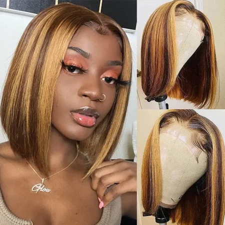 Bob Wig Human Hair Highlight Ombre 4x4 HD Lace Front Pre Plucked 180 Density Short Bob Wigs for Women Glueless
