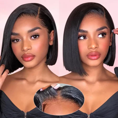 Bob Wig Human Hair Glueless Wigs Human Hair Pre Plucked Pre Cut 4x4 HD Lace Front Put On and Go Glueless Wigs Human Hair 180% Density Short Straight Bob Wigs for Black Women