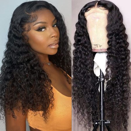 Deep Wave Lace Front Wigs Human Hair Wigs for Black Women 180% Density 4X4 HD Transparent Lace Closure Human Hair Wigs for Black Women Glueless with Baby Hair Natural Color