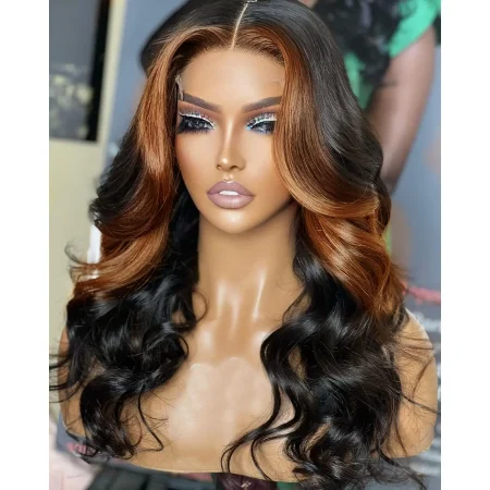 Wear and Go Glueless Wigs 100% Human Hair Body Wave With Honey Blonde Highlights 5x5 HD Lace Pre Plucked Pre Cut Lace Closure Wigs for Black Women 180% Density Natural Black With Skunk Stripe HAIR