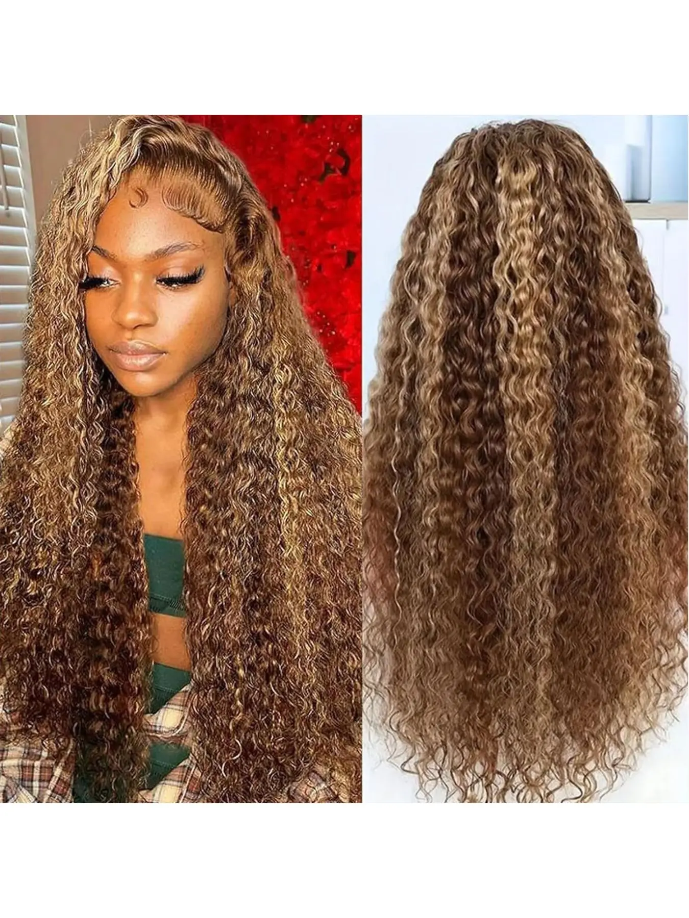 5x5 Lace Front Wigs Human Hair 4/27 Honey Blonde Highlight Deep Wave Curly Human Hair Wig Colored HD Transparent 180% Density Glueless Wig 28inch for Women Pre Plucked Hairline - Image 4