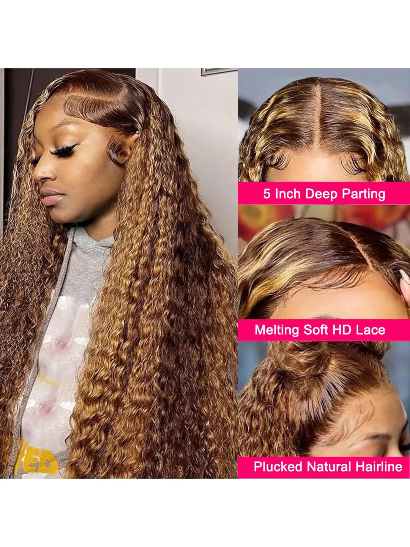 5x5 Lace Front Wigs Human Hair 4/27 Honey Blonde Highlight Deep Wave Curly Human Hair Wig Colored HD Transparent 180% Density Glueless Wig 28inch for Women Pre Plucked Hairline - Image 5