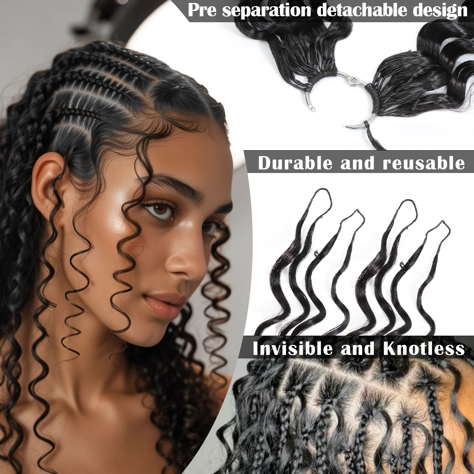 Curly Feather Miracle Knots Crochet Human Hair Feeling Invisible Knotless Pre-Separated Deep Wave Crochet Hair Extensions 120g 3 WigsHumanHair