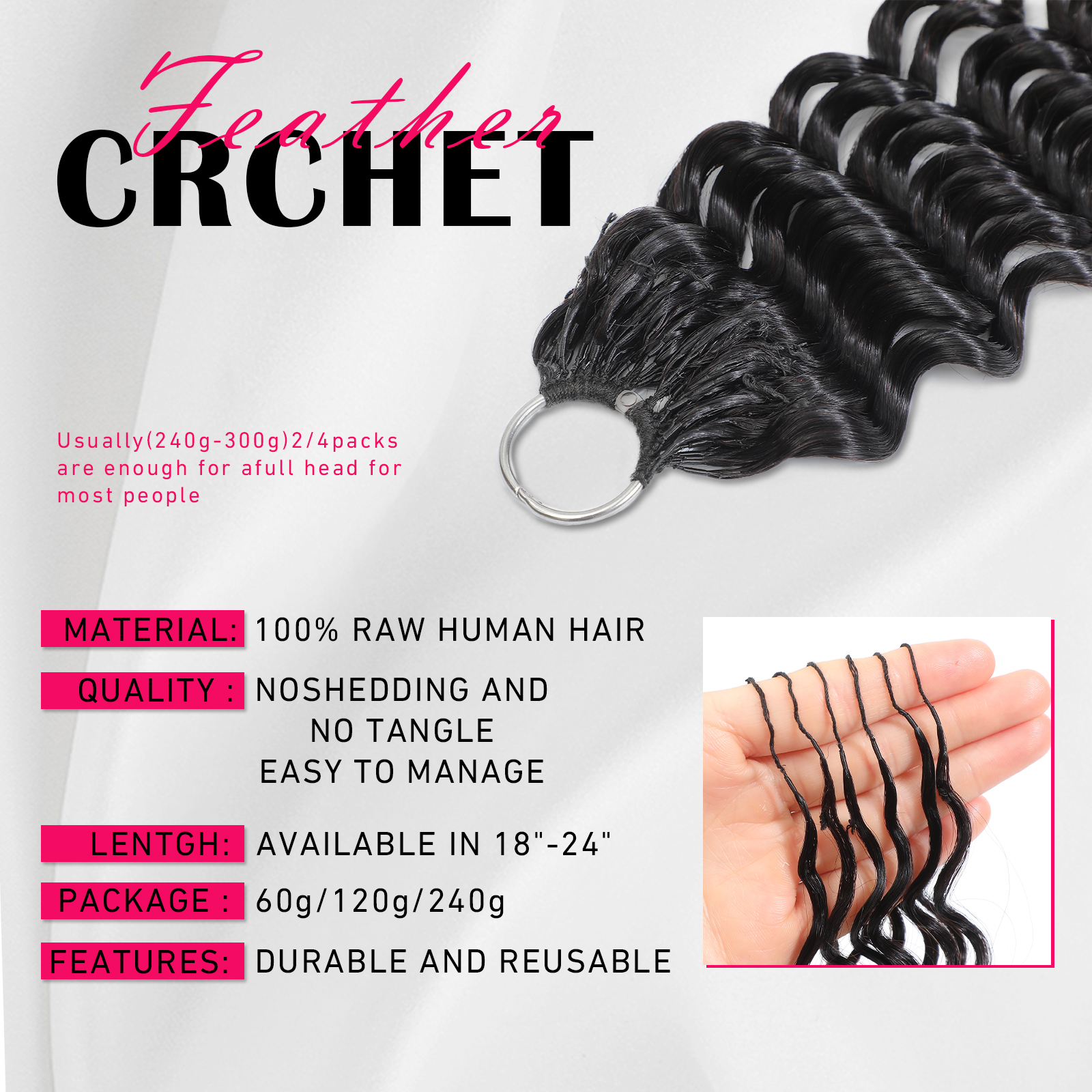 Curly Feather Miracle Knots Crochet Human Hair Feeling Invisible Knotless Pre-Separated Deep Wave Crochet Hair Extensions 120g 4 WigsHumanHair