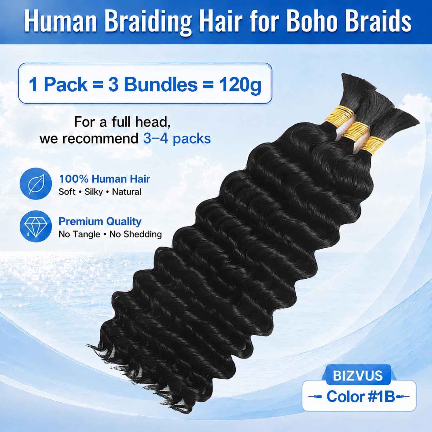 Human Braiding Hair for Boho Braids, Deep Wave Bulk Human Hair for Braiding, Wet and Wavy Curly Hair for Knotless Braids, Bohemian Braiding Hair 110g 3Bundles Natural Color #1B 18 Inch 3 Human Braiding Hair for Boho Braids, Deep Wave Bulk Human Hair for Braiding, Wet and Wavy Curly Hair for Knotless Braids, Bohemian Braiding Hair 110g 3Bundles Natural Color #1B 18 Inch - Image 3