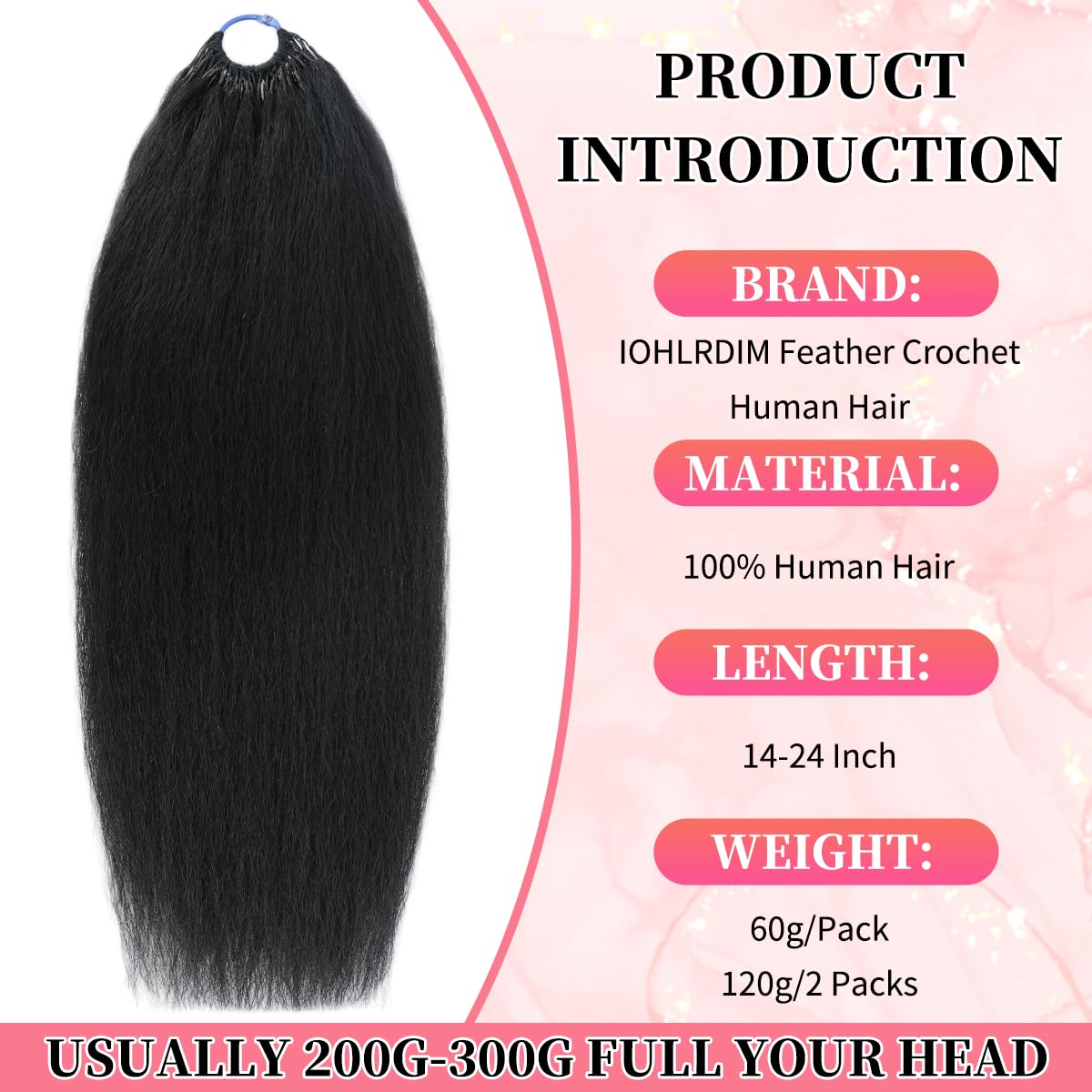 Human Crochet Hair for Women Kinky Straight Feather Crochet Human Hair Extensions 18 inch 60g 50strands Lightweight Pre-Separated Reusable Invisible Miracle Knots Human Hair Bundles Natural Black 4 WigsHumanHair