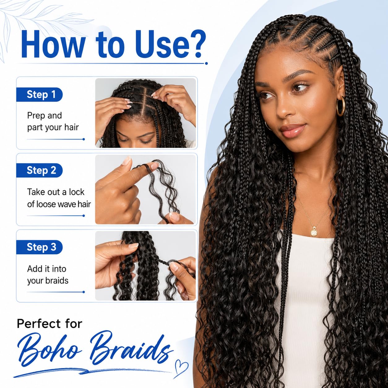 Human Braiding Hair for Boho Braids, Deep Wave Bulk Human Hair for Braiding, Wet and Wavy Curly Hair for Knotless Braids, Bohemian Braiding Hair 110g 3Bundles Natural Color #1B 18 Inch 4 Human Braiding Hair for Boho Braids, Deep Wave Bulk Human Hair for Braiding, Wet and Wavy Curly Hair for Knotless Braids, Bohemian Braiding Hair 110g 3Bundles Natural Color #1B 18 Inch - Image 4
