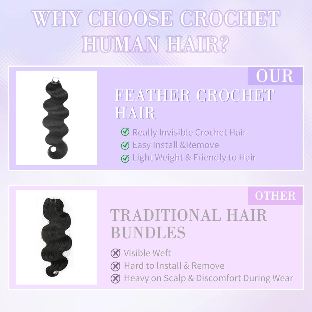 Crochet Human Hair Body Wave Miracle Crochet Knots 18 Inch 50g Human Crochet Hair for Black Women Lightweight Knotless Feather Crochet Human Hair Natural Black 5 WigsHumanHair
