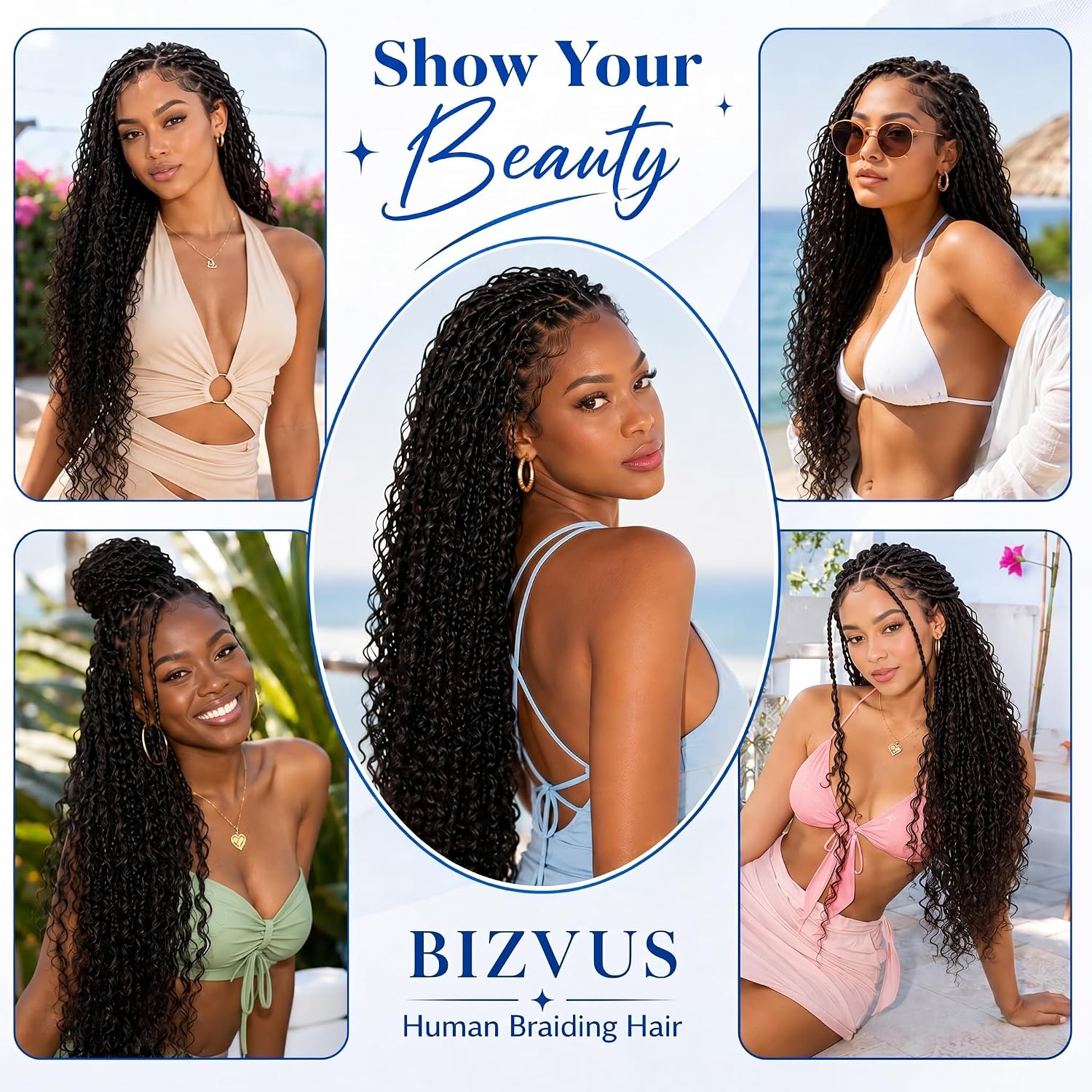 Human Braiding Hair for Boho Braids, Deep Wave Bulk Human Hair for Braiding, Wet and Wavy Curly Hair for Knotless Braids, Bohemian Braiding Hair 110g 3Bundles Natural Color #1B 18 Inch 7 WigsHumanHair