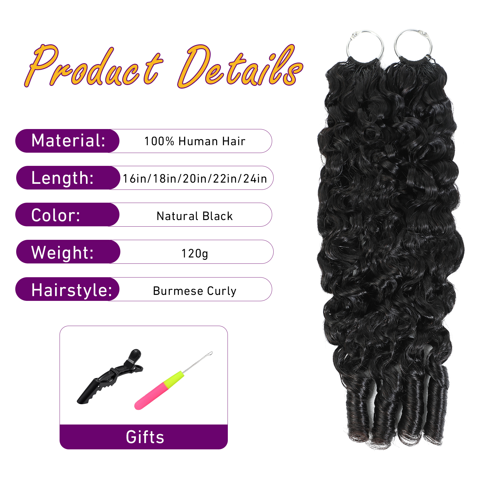 Burmese Curly Crochet Human Hair 18 Inch 120g Human Crochet Hair for Black Women Miracle Knots Hair Pre-Separated 3 WigsHumanHair